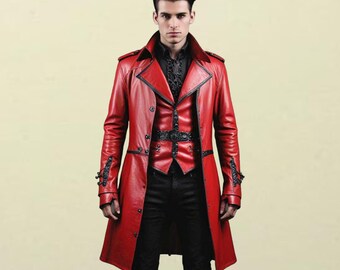 Handmade Genuine Leather Red Coat: Men's Gothic Winter Costume
