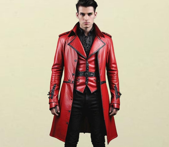 Handgefertigter Roter Mantel aus Echtleder: Herren Gothic