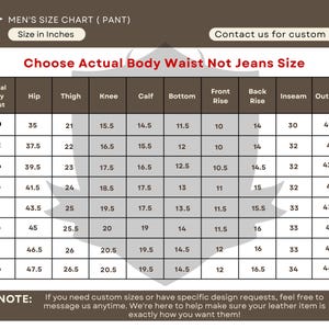 Pu&ograve; includere: Una tabella delle taglie per pantaloni, con misure in pollici. La tabella include misure di vita, fianchi, coscia, ginocchio, polpaccio, fondo, rialzo anteriore, rialzo posteriore, interno gamba e esterno gamba. Il testo "Scegli la taglia reale del corpo, non la taglia dei jeans" &egrave; in alto.