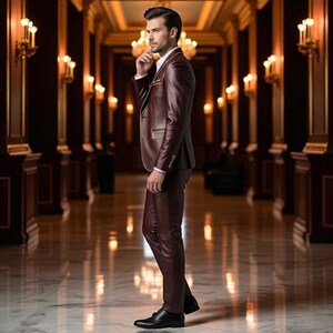 Pu&ograve; includere: Un completo in pelle bordeaux con una camicia bianca con colletto. L'abito ha una vestibilit&agrave; sartoriale con finiture bianche. La persona indossa scarpe eleganti nere. Lo sfondo &egrave; un corridoio con illuminazione ornata.