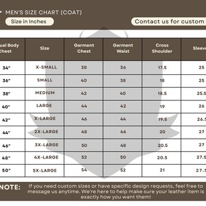 May include: A size chart for men's coats, displaying measurements in inches. The chart includes sizes from X-Small to 5X-Large, with corresponding chest, waist, shoulder, and sleeve measurements. Text at the top reads "MEN'S SIZE CHART (COAT)".