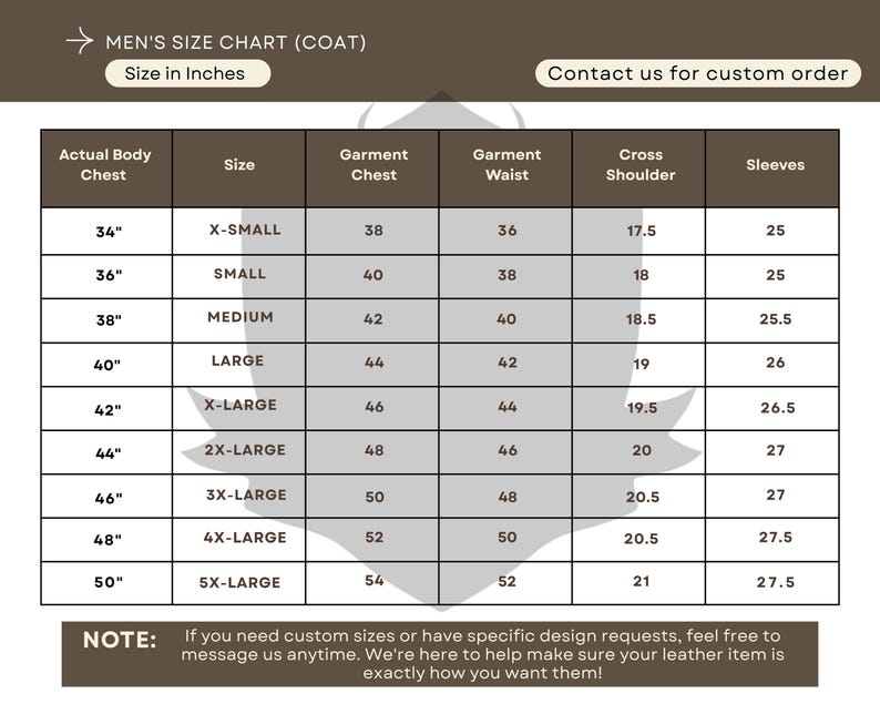 May include: A size chart for men's coats, displaying measurements in inches. The chart includes sizes from X-Small to 5X-Large, with corresponding chest, waist, shoulder, and sleeve measurements. Text at the top reads "MEN'S SIZE CHART (COAT)".