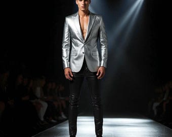 Handmade Metallic Silver Leather Blazer & Black Pants Suit: Custom Fit Cosplay Outfit