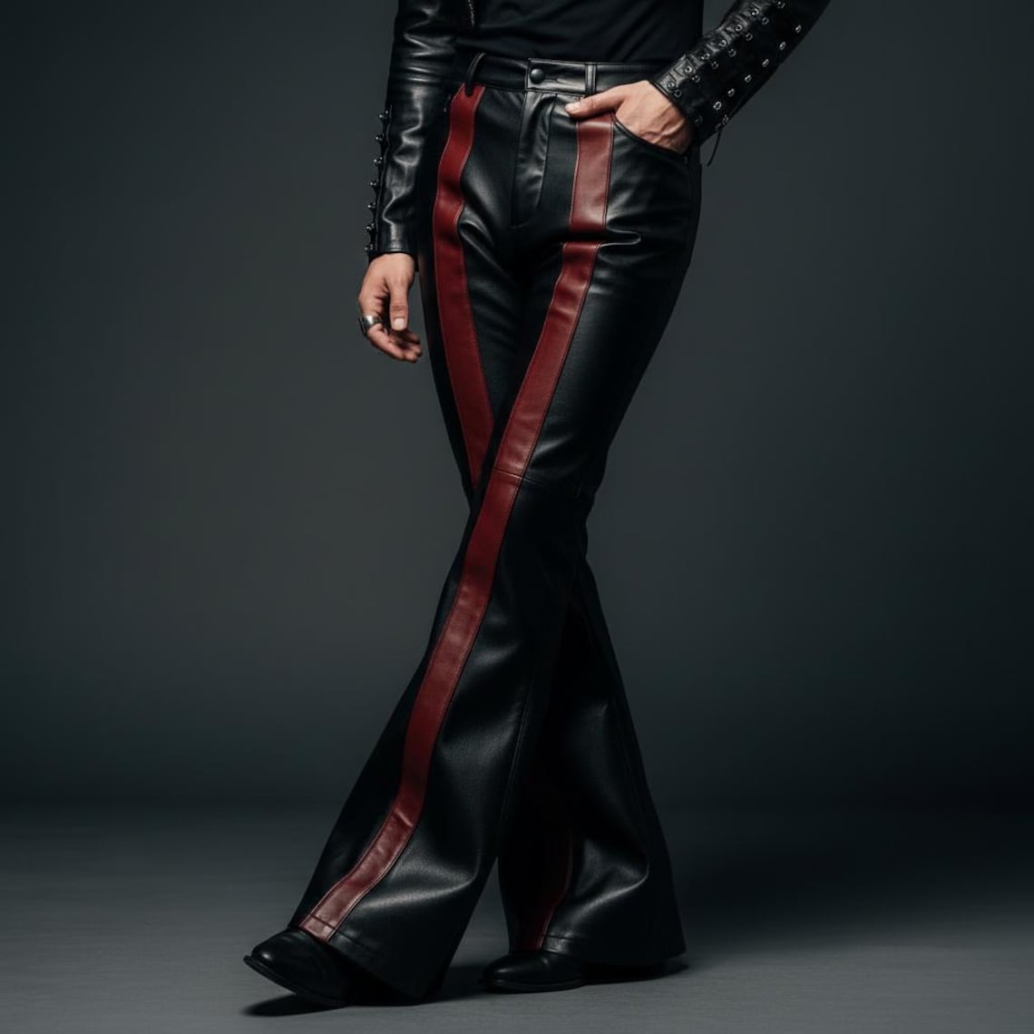 Black & Burgundy Flared Leather Pants – Bold Gothic Rocker Statement ...