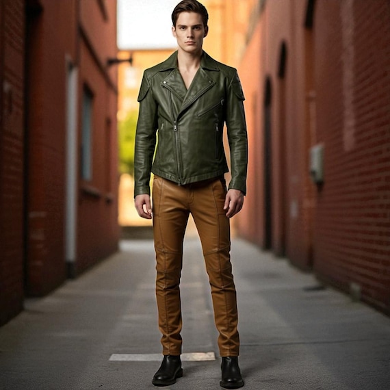 leather jacket with dress pants Handmade Olive Green Biker & Tan Outfit: Urban Streetwear Grey's Anatomy Spandex Stretch