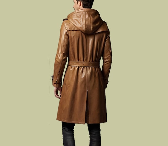 Handmade Brown Leather Hooded Duster Coat Men's Trench Coat