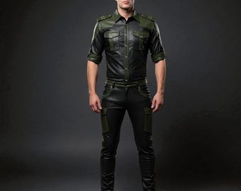 Handmade Leather Outfit – Men's Black & Olive Military Style Set