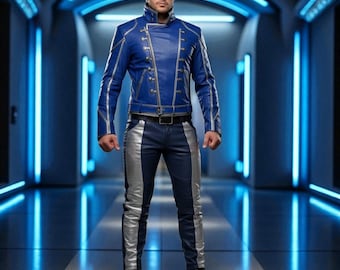 May include: A blue leather jacket with silver accents and multiple buttons. The jacket is paired with matching blue pants with silver stripes down the sides. The outfit is completed with black boots and a black belt.