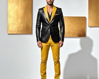 Handmade Black Crocodile Leather Suit: Gothic Golden Accent Blazer & Pants