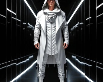 Ensemble manteau à capuche et pantalon en cuir blanc : tenue gothique cyberpunk, taille personnalisée