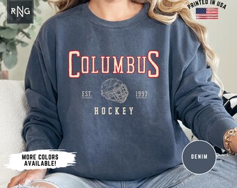 Hockeyshirt Columbus, hockeysweater blauw jasje, Columbus Hockey Crewneck, kleding Columbus sportfan, cadeau-idee hockeyfan