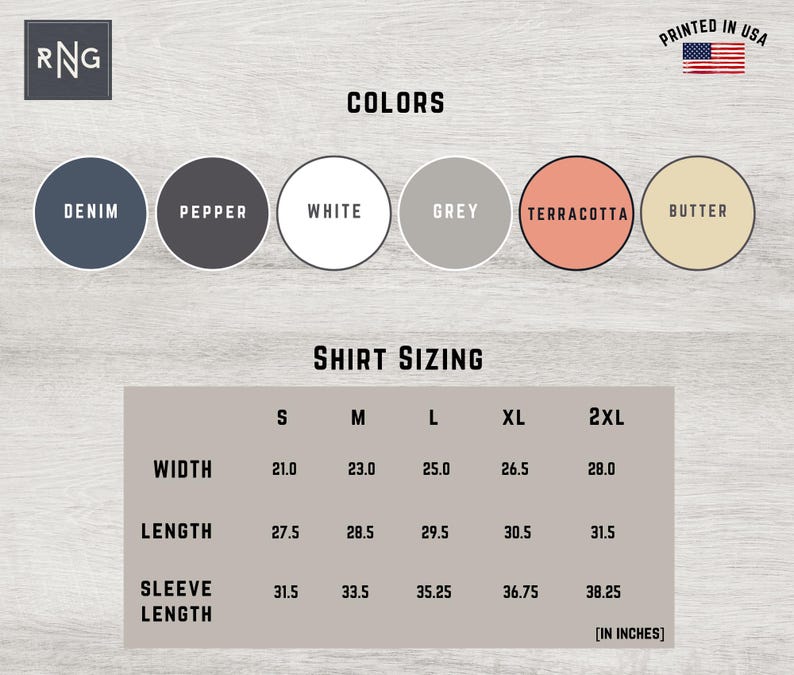 Puede incluir: Un gr&aacute;fico que muestra el tama&ntilde;o de las camisas en pulgadas para las tallas S, M, L, XL y 2XL. El gr&aacute;fico muestra las medidas de ancho, largo y largo de la manga. Los colores disponibles son denim, pimienta, blanco, gris, terracota y mantequilla.
