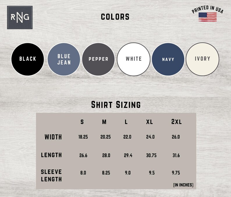 May include: Shirt sizing chart with measurements in inches for width, length, and sleeve length. Sizes include S, M, L, XL, and 2XL. Colors available are black, blue jean, pepper, white, navy, and ivory.