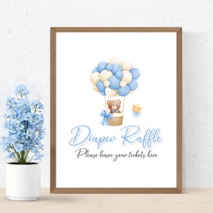 Letrero imprimible para rifa de pañales para baby shower, blanco y azul, para niño. Tamaño carta. Descarga instantánea. Impresión para casa y oficina.