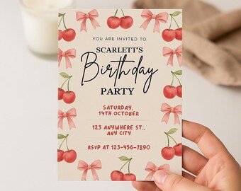 Cherry Birthday Party Invitation: Sweet Bow Design, Printable Canva Template (Digital Download)