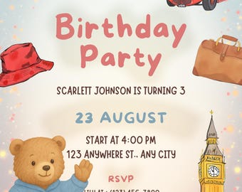 London Bear Birthday Invitation: Editable Kids Party Theme (Digital Download)