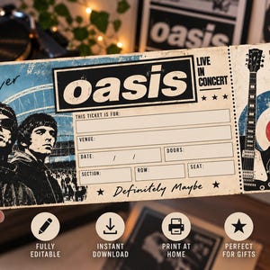 Puede incluir: Una entrada de concierto de Oasis rectangular con un diseño vintage que muestra a los miembros de la banda, una guitarra y un gráfico de diana. El texto incluye Live Forever, Oasis, Live in Concert, Good Music Brighter People y Definitely Maybe con campos vacíos.