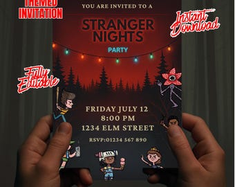 Invito alla festa di Stranger Thing: festa di compleanno e watch party completamente personalizzabile, best seller, design retrò anni '80 (download digitale)