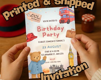 Printed Kids London Party Bear Birthday Invitation Party Invite Personalised Children's Birthday Card Bear Invitation London Bear Decor Free