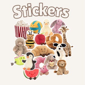 May include: A collection of plush stickers featuring various designs, including a popcorn container, a volleyball, a duck, a bunny, a giraffe, a monkey, a bee, an apple, a pretzel, a dog, a penguin, a donut, a bunny with a cupcake, a lion, and a watermelon slice. The word "Stickers" is at the top.