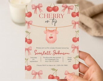 Cherry on Top Baby Shower Invitation: Watercolor Bows (Digital Download)