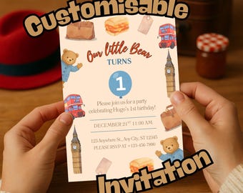 Kids London Party Bear Birthday Invitation (Digital Download) Invite Personalised Children's Birthday Card Bear Invitation London Bea