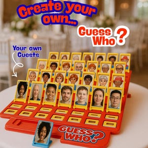 May include: A custom "Guess Who?" game in red and yellow, featuring photos of guests. The game board displays a grid of faces, with the text "Create your own... Guess Who?" in the background. A fun party game.