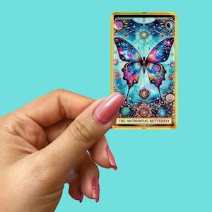 The Antisocial Butterfly Holographic Tarot Card Sticker Cosmic Butterfly Sticker Pink Blue Yellow Aqua Vinyl Decal Celestial Sticker