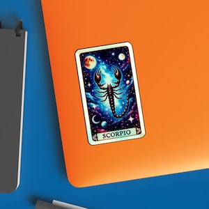 Scorpio Zodiac Tarot Card Sticker Scorpion Design with Cosmic Dust Stars and Planets Astrology Holographic Vinyl Sticker