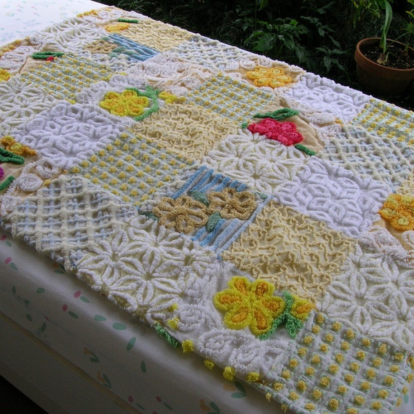 y e l l o w  . . .  all cotton vintage chenille patchwork baby quilt