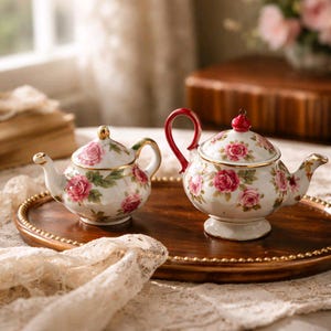 May include: Two porcelain teapots with floral rose patterns. The teapots are white with pink roses, green leaves, and gold trim. One has a red handle and lid detail, the other has a gold handle. They sit on a wooden tray.