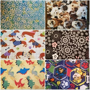 May include: A collage of ten fabric swatches featuring various patterns. The top left swatch has a blue and green floral pattern. The top right swatch has a brown and white dog pattern. The middle left swatch has a white background with brown dachshund dogs wearing colorful sweaters. The middle right swatch has a black background with white and gray floral patterns. The bottom left swatch has a yellow background with colorful dinosaur patterns. The bottom right swatch has a blue background with a colorful cartoon pattern featuring paw prints and characters from the cartoon show Paw Patrol.