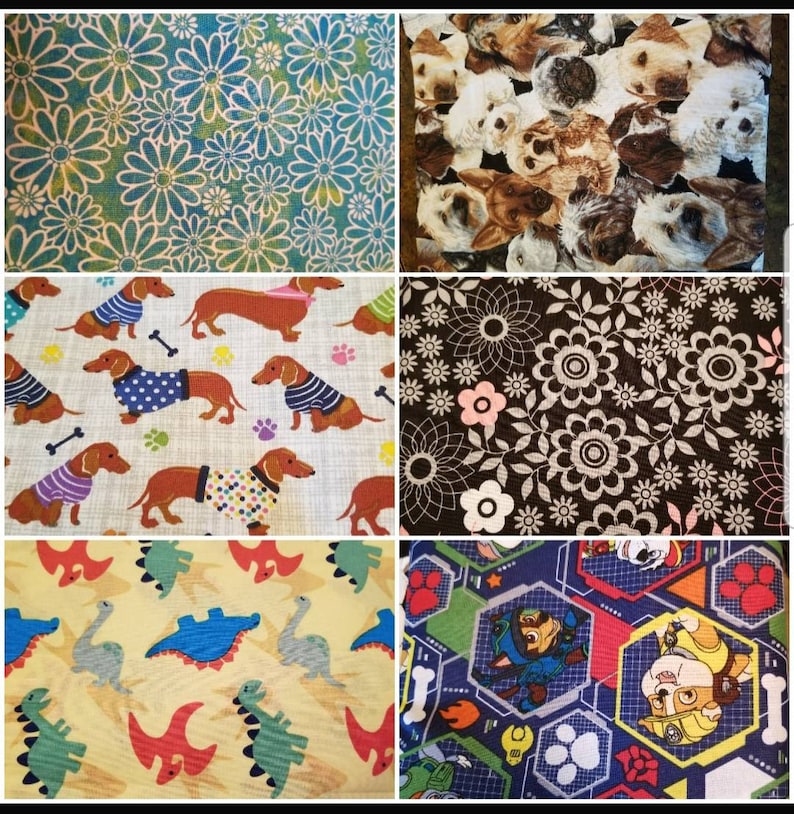 May include: A collage of ten fabric swatches featuring various patterns. The top left swatch has a blue and green floral pattern. The top right swatch has a brown and white dog pattern. The middle left swatch has a white background with brown dachshund dogs wearing colorful sweaters. The middle right swatch has a black background with white and gray floral patterns. The bottom left swatch has a yellow background with colorful dinosaur patterns. The bottom right swatch has a blue background with a colorful cartoon pattern featuring paw prints and characters from the cartoon show Paw Patrol.