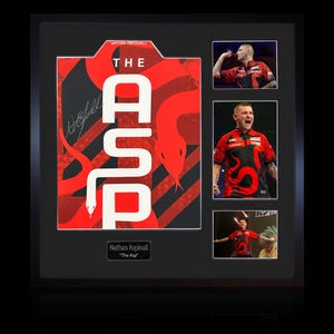 Puede incluir: Obra de arte enmarcada con un diseño gráfico rojo y negro con la palabra "ASP" y una serpiente. Incluye tres fotos de un hombre con una camisa roja y negra. También se ve el texto "Nathan Aspinall" y "The Asp".