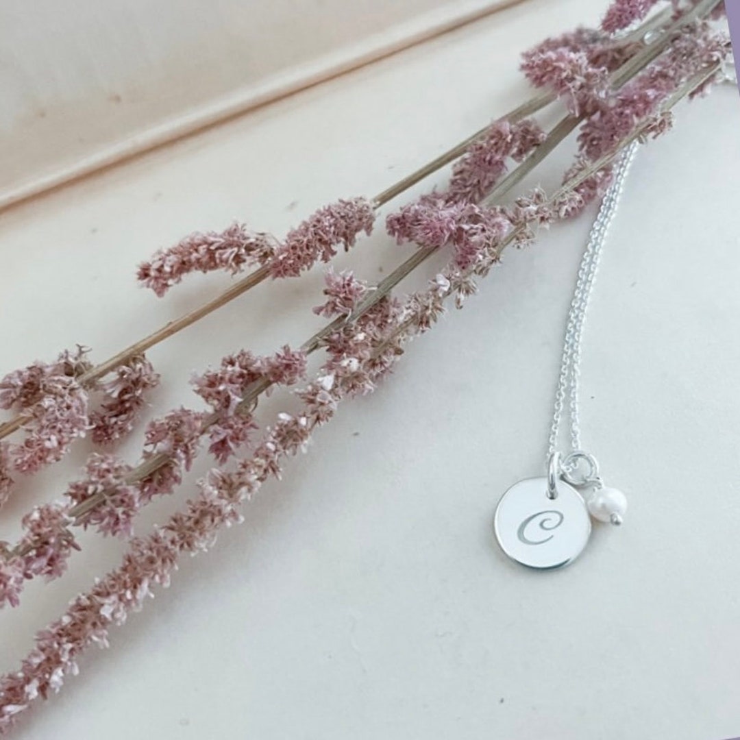 Monogram Dis Sterling Silver Monogram Disc Pendant With Pearl Bead - Etsy