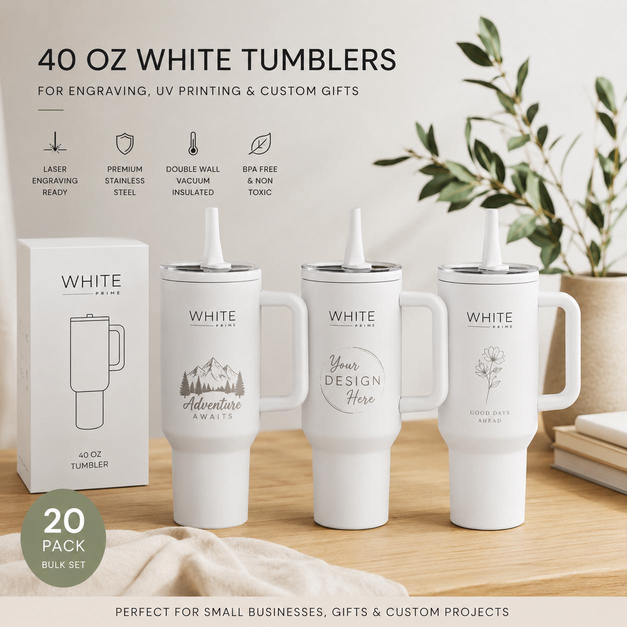 Bulk 40 Oz Tumblers for Engraving | 20 Pack White Stainless Steel Cups With  Handle | Laser Engraving & UV DTF Ready | Free Shipping USA - Etsy