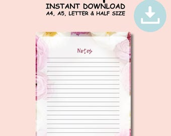 Floral Lined  Notes Page Printable A4/A5/Letter/Half Size | Cute Stationery Template | Aesthetic Lined Paper PDF Instant Download PDF