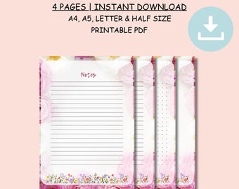 Floral Lined Dot Grid Unlined Paper Printable, Writing Paper, Cute Stationery Template, A4/A5/Letter/Half Size, Instant Download PDF