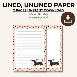 Pode incluir: Papel imprimível com linhas e sem linhas com uma ilustração de cão dachshund e uma borda de pegadas. O papel é tamanho A4 e inclui o texto "LINED, UNLINED PAPER" e "2 PAGES | INSTANT DOWNLOAD".