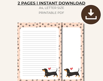 Dachshund Writing Paper | Dog Printable Stationery Set | A4, US Letter | Lined & Unlined Pages | Puppy Lover Digital Download