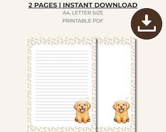 Golden Retriever Writing Paper | Dog Printable Stationery Set | A4, US Letter | Lined & Unlined Pages | Puppy Lover Digital Download