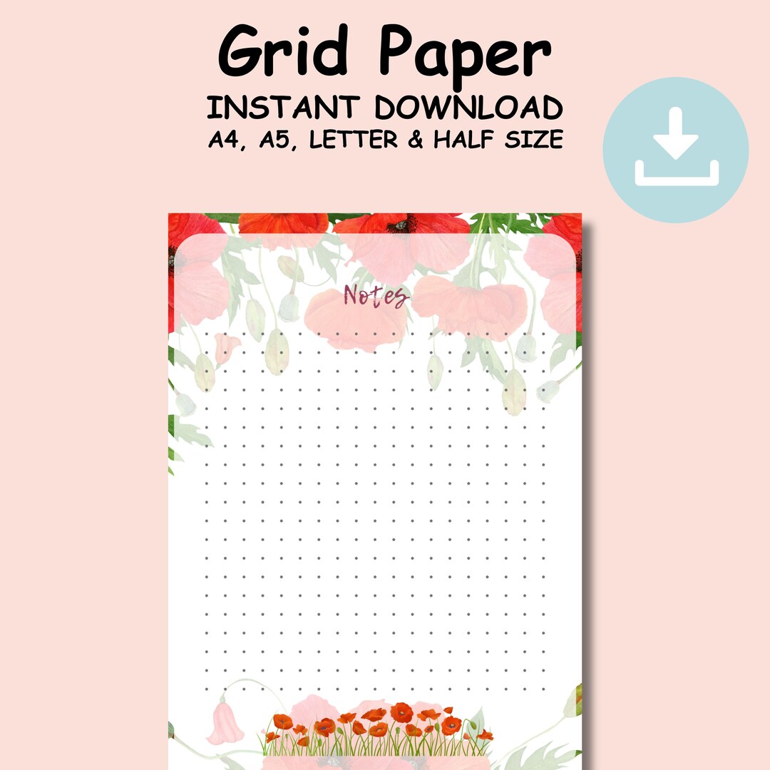 Graph Paper Poppy Poppy Grid Notes Printable, Red Floral Stationery, Minimal Flower ...