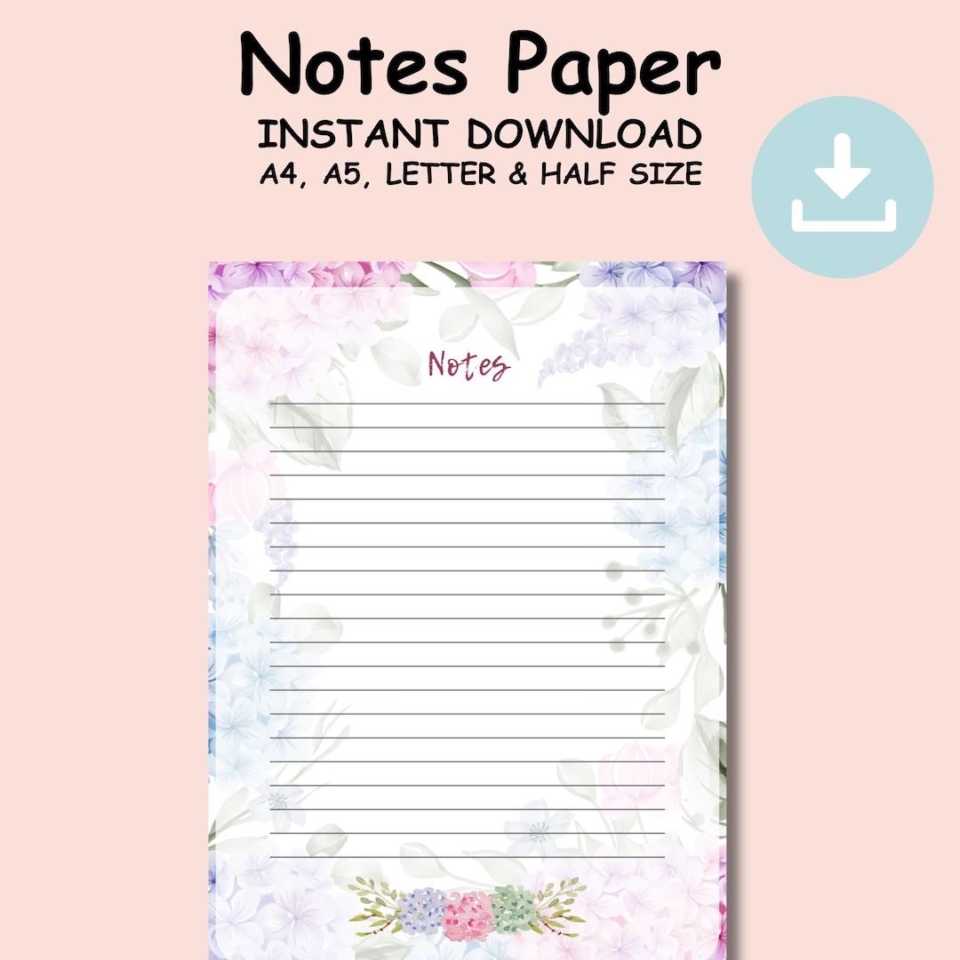 Hydrangea Lined Notes Printable, Cute Floral Stationery, Minimal Flower ...