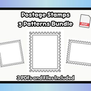 Puede incluir: Gráfico digital con tres patrones de sellos postales. El texto dice "Postage Stamps 3 Patterns Bundle" y "3 PDFs and Files Included". También se incluye un icono PDF.