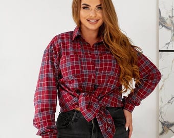 Women Checkered Shirt, plaid shirt, Casual Plaid Shirt, checked cotton shirt for women, trendy plaid shirt for fall, plus size