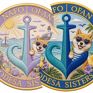 May include: Embroidered patches featuring a Shiba Inu dog wearing heart-shaped sunglasses, an anchor, and a beach scene with a lighthouse and sailboat. The patches have the text "NAFO OFAN" and "ODESA SISTERS" in a circular design, with a gold border.