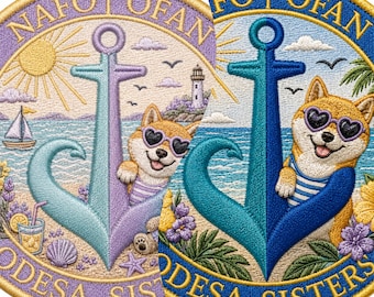 Ensemble d'écussons brodés d'été – Duo d'écussons Shiba Inu côtier – Badge tactique à fixation auto-agrippante – Collection d'écussons Ancre de plage