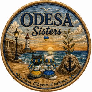 Puede incluir: Un parche bordado circular que muestra una escena costera con dos gatos con coronas de flores y ropa tradicional, sentados en una playa. El texto dice ODESA Sisters y odesa 232 years of resilience, con un faro, un ancla y el atardecer.