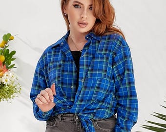 Womens Oversized Plaid Shirt, Loose Fit Shirt, Button Down Cotton Shirt, Casual Checkered Shirt, Plus Size Long Sleeve Blouse