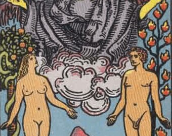 May include: The Lovers tarot card depicts a winged angel figure with a halo above two nude figures standing on either side of a mountain. The angel is holding a bouquet of flowers and has a crown of leaves on its head. The card is numbered VII and the words "THE LOVERS" are printed at the bottom.